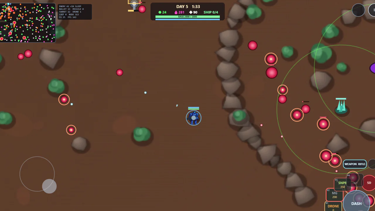 Playable MECH combat build showing the player mech fighting enemies in a rocky arena