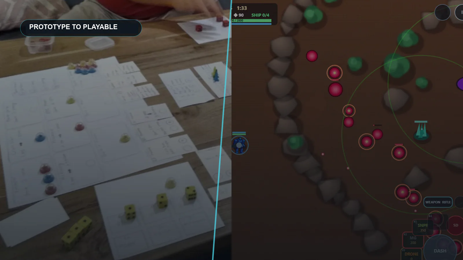A paper game prototype with handwritten cards and dice beside a playable MECH combat build