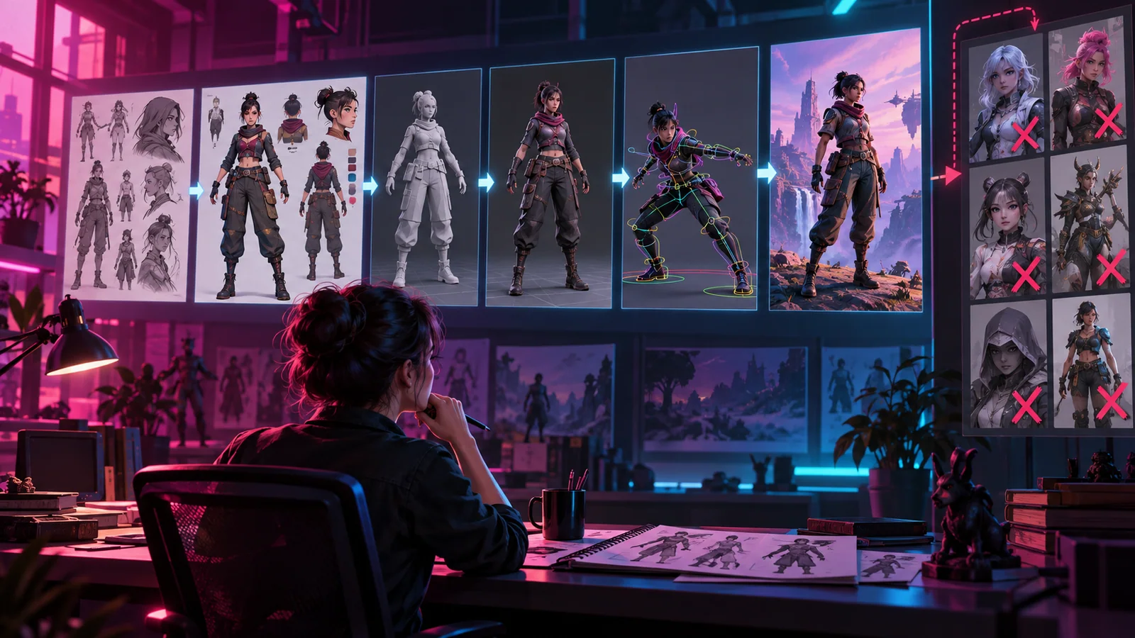 An art director reviews a consistent character pipeline and rejects drift