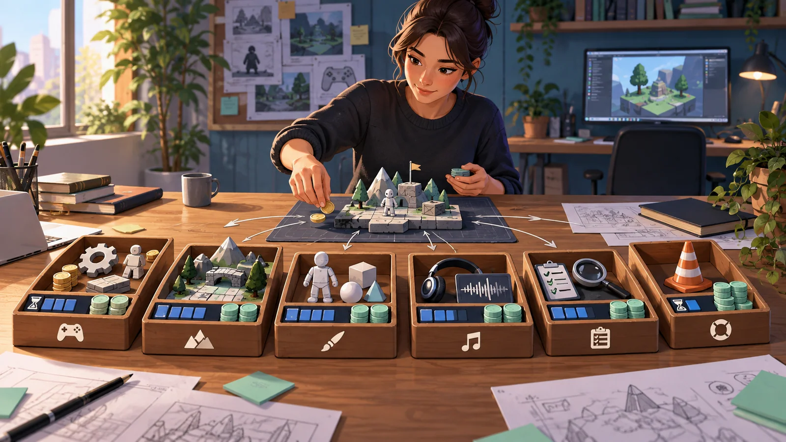 A producer divides a game prototype into scoped cost and time trays